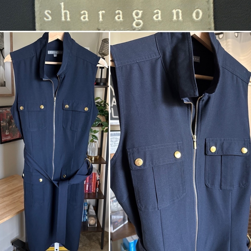 Sharagano Sleeveless Women’s Belted Blazer Dress Navy Blue With Gold Size 12